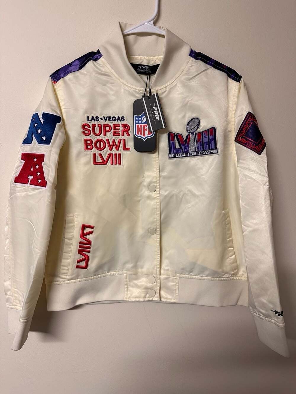 Pro Standard NFL Super Bowl LVIII Las Vegas White Satin Bomber Varsity Jacket